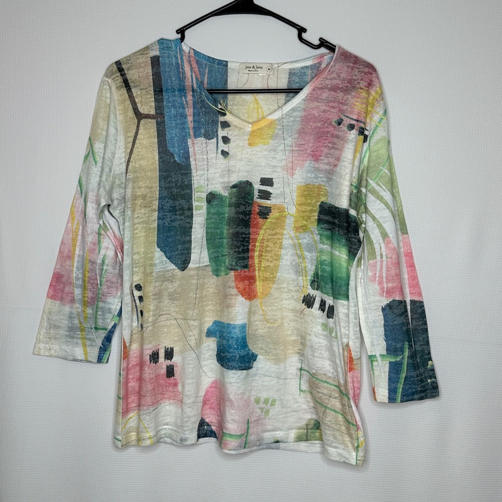 Jess & Jane Top Abstract Print Multicolor 3/4 Sleeve Sheer V-Neck size Medium